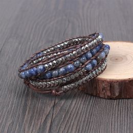Bracelets Natural Blue Vein Stone Wrap Bracelets Geometric Metal Alloy Beads 4Layers Traided Boho Bracelet Fashion Jewelry Family Gift