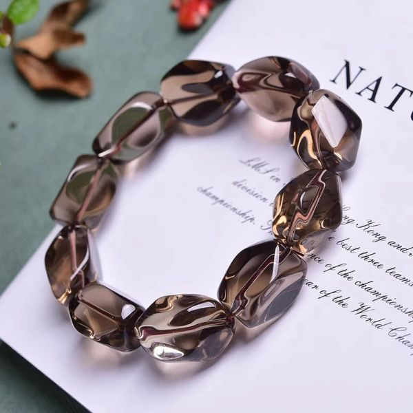 Bracelets Bracelet extensible en cristal de Quartz fumé brun naturel perles ovales à facettes femmes hommes grande taille 18x13mm Quartz fumé Rare AAAAAA