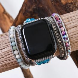 Bracelets en pierre naturelle pour Apple Watch, perles Boho, 5 enveloppes en cuir, bracelet de poignet Vegan, cadeau, vente en gros, livraison directe