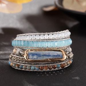 Bracelets Piedra natural Aquamarina Turquoise Turquesa Fourlayer Color trenzado Bead Serie Bead Bracelet for Women Girl Jewelry Gift