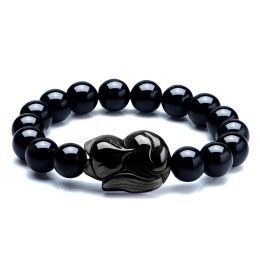 Bracelets Pierre naturelle noir obsidienne renard pendentif Bracelet perlé 816mm Bracelets chanceux simple tour main chaîne bracelet cadeau pour hommes femmes