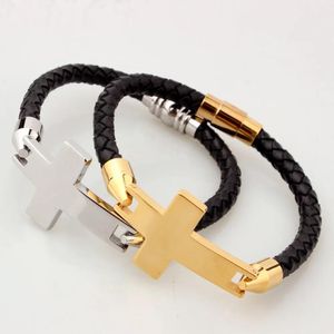 Pulseras Nueva Moda Acero Inoxidable Color Plata Color Oro Cruz Crucifijo Biker Joyería Pulsera de Cuero Negro Pulsera de Hombre Brazalete