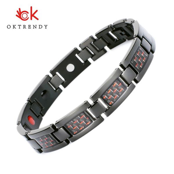 Pulseras Oktrendy Hombres Pulsera magnética de titanio para el control de la presión arterial Pulseras energéticas para el cuidado de la salud Brazalete con fibra de carbono roja