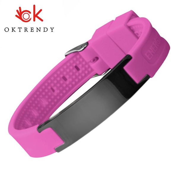 Bracelets OKtrendy Bracelet de Fitness en acier inoxydable rose Bracelet en caoutchouc de Silicone pour hommes et femmes bijoux de thérapie magnétique