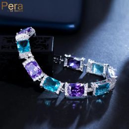 Armbanden Pera Klassiek Blauw Paars Kristal Zilver Kleur Vierkant Gesneden CZ Schakelarmbanden Armbanden voor Beste Vriend Partij Sieraden Cadeau B233