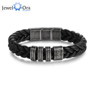 Armbanden Personaliseren Mannen Kralen Charme Lederen Armbanden 23cm Familie Kinderen Kind Namen Bangle Sieraden Cadeau voor Vader Papa Opa Echtgenoot