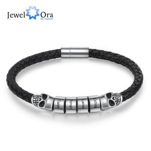 Armbanden Gepersonaliseerde Gegraveerde Naam Halloween Armband met Schedel Aangepaste Gravure Kralen Mannen Lederen Armband Cadeaus voor Echtgenoot Vader