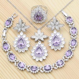 Bracelets en forme d'ananas, ensembles de bijoux en argent, bague en zircone cubique violette, pendentif, collier, boucles d'oreilles pour femmes, accessoire de fête