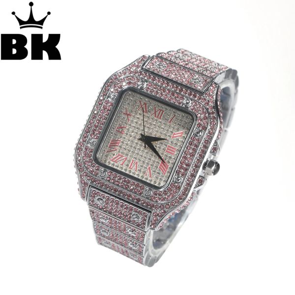 Bracelets rose rose autrichien Square Quartz Watch for Women Men Full Iced Out Blue Rhinestones pavé de 3,5 cm DIAL LUXINE HIPHOP BIJOURS