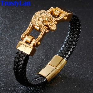 Bracelets Punk Goth tête de Lion Bracelets pour hommes Bracelets tressés en cuir véritable Bracelet homme couleur or en acier inoxydable chaîne de vélo bijoux