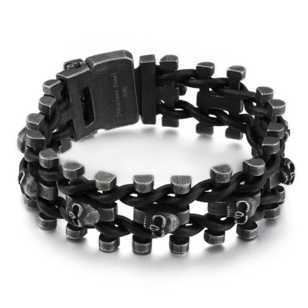 Bracelets rétro noir en acier inoxydable pour hommes, Punk Rock Biker, chaîne squelette en cuir, bijoux hip hop