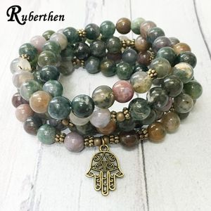 Pulseras Ruberthen Nuevo diseño Fancy Beads 108 Pulsera Mala Ágatas indias Hamsa Charm Necklace Pulsera de equilibrio de yoga de moda para mujeres