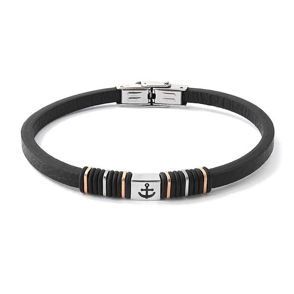 Bracelets Runda Bracelet Homme Chaîne Noire avec Ancre Nautique Acier Inoxydable Taille Ajustable 22cm Bracelet en Cuir Véritable pour Homme