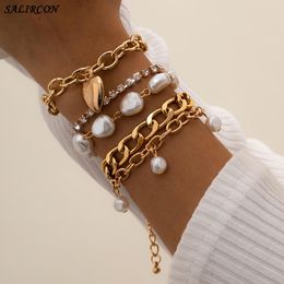 Bracelets Salircon Vintage multicouche Rantai Gelang Kpop Pesona Kristal Hati Imitasi Mutiara Liontin Gelang Di Tangan Beberapa Perhiasan