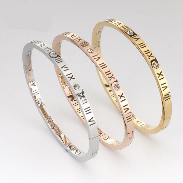 Venta de pulseras con números romanos huecos, nicho de alto sentido, pulseras para hombres y mujeres con incrustaciones de piedra blanca, pulsera bestie, pulseras de titanio de color oro rosa