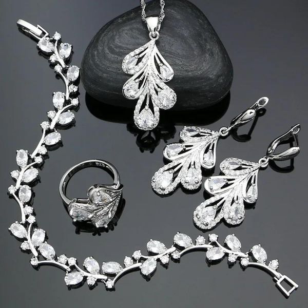 Bracelets Sier ensembles de bijoux de mariée pour femmes blanc zircon cubique cristal plume boucles d'oreilles pendentif collier bague Bracelet ensembles