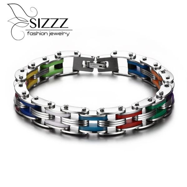 Pulseras Pulsera de silicona de acero inoxidable para hombre, brazalete de Color arcoíris, pulsera con cierre de acero inoxidable 316L, pulsera de moda para hombre