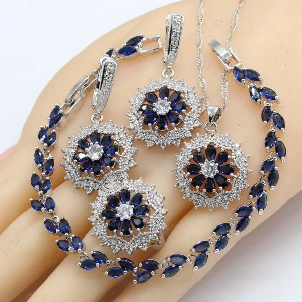 Bracelets Silver Color Bijoux Femmes Femmes Bleu Bleu Pierres Collier Pendent Bracelets Boucles d'oreilles Gift d'anniversaire
