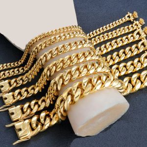 Pulseras de acero inoxidable Miami Curb Pulsera de eslabones de cadena cubana Dragón Cierre Brazalete Hip Hop Rapero 18K Chapado en oro Mujeres Hombres Joyería