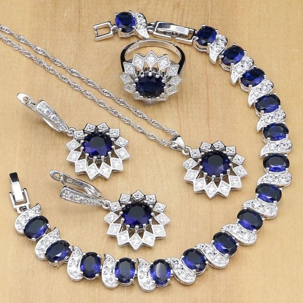 Pulseras Sterling Sier joyería nupcial azul circón piedra blanca juegos de joyas para mujer pendientes/colgante/anillos/pulsera/collar conjunto