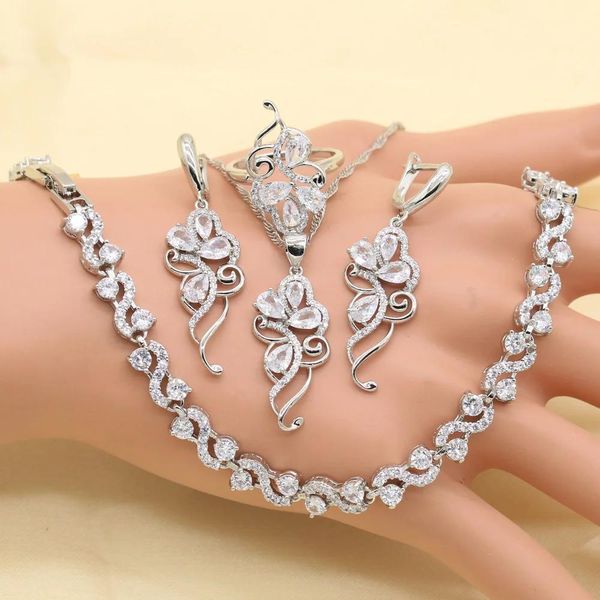 Pulseras Sterling Sier Piedras blancas Cubic Zirconia Juegos de joyas para mujer Pendientes/colgante/collar/anillo/pulsera