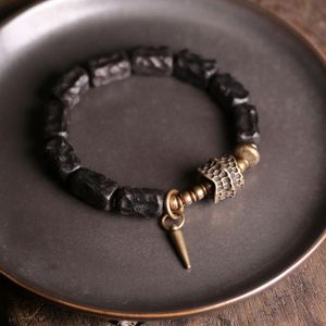 Armbanden Strip Ebbenhout Hand Gesneden Kralen Armband Doen Oud Uniek Ontwerp Messing Charme Echt Zwart Hout Mannen Vrouwen Stretch Pols Sieraden