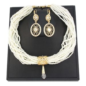 Pulseras Sunspicems Marruecos Collar de cuentas de cristal Collar de gargantilla de perlas multicapa Pendiente Color dorado Árabe Novia Conjuntos de joyas de boda