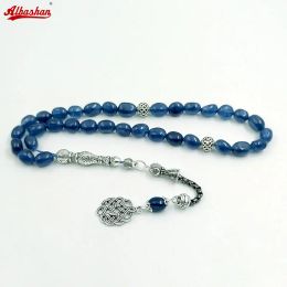 Bracelets Tasbih pour hommes, perles de prière en pierre d'agate bleue naturelle, Misbaha musulmane 33 45 66 99 perles, chapelet professionnel