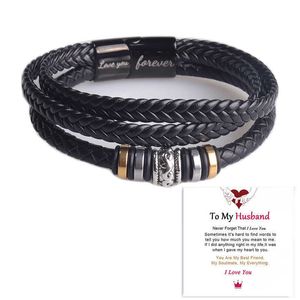 Bracelets Boucle magnétique en corde noire à trois couches Bracelet en cuir en acier inoxydable gravé Je t'aime