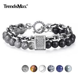 Bracelets Trendsmax hommes Bracelet de perles pierre naturelle Bracelets en acier inoxydable oeil de tigre pierre de lave bijoux masculins livraison directe TBX0010