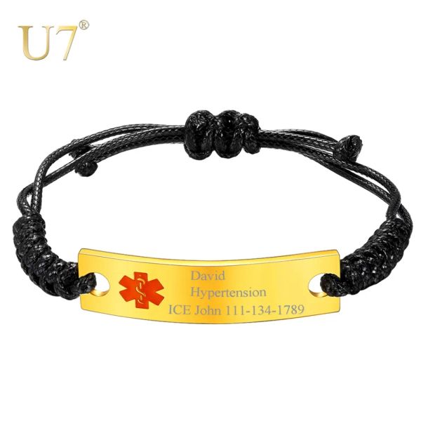 Pulseras U7 Grabar ID de alerta médica Correa Cuerda de cera Pulseras de acero inoxidable para hombres Mujeres Joyería de emergencia personalizada Ajustable H1074