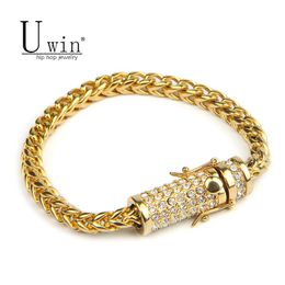 Bracciali UWIN Box Chiusura Fox Franco Link Bracciale Uomo Acciaio inossidabile ghiacciato Strass Catena color oro Bracciale hip hop 20 cm