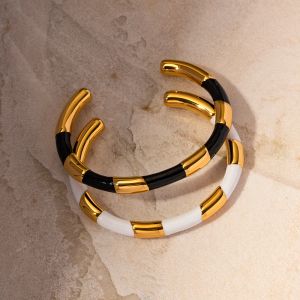 Pulseras Uworld Acero inoxidable impermeable grueso declaración esmalte negro blanco tira brazaletes pulseras para mujeres Bijoux 2023