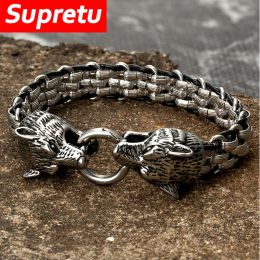 Bracelets Vikings en acier inoxydable à double loup bracelets hommes morsure anneau bracelet accessoires