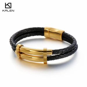 Bracelets Vintag 21 cm Bracelet en cuir double couche hommes en acier inoxydable charme Wrap Bracelet e bijoux accessoires