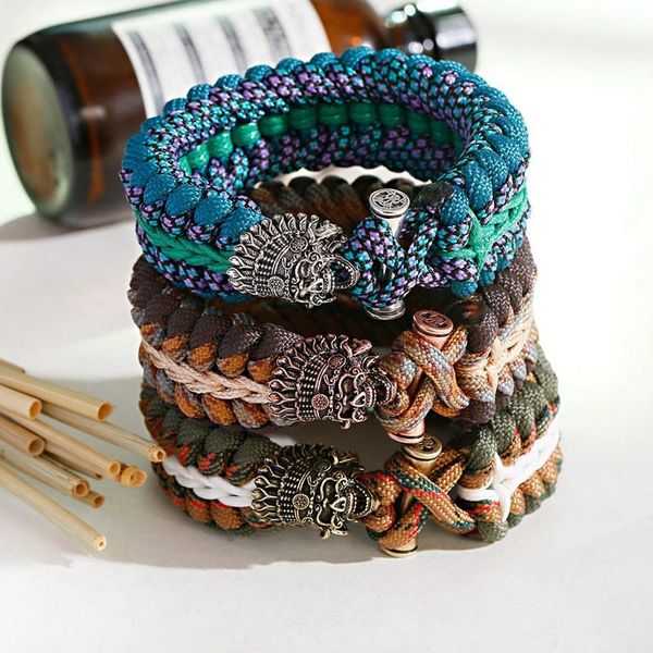 Pulseras Vintage Para Hombre Indios Guerrero Cuentas Pulsera Trenzada Cuerda Paracord Pulsera Senderismo Camping Kits De Ayuda Al Aire Libre Paracaídas