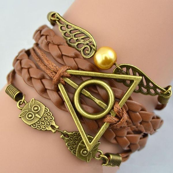 Bracelets Vintage Triangle reliques hibou squelette aile croire coeur infini cuir multicouche tresse bracelet à breloques bangl