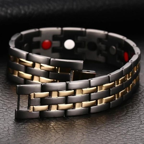 Bracelets Verly Health Mens Chain de main Black Double Row Gold Color Bio Magnetic Bracelet 15 mm de large Bracelets en acier inoxydable pour l'homme