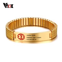 Armbanden Vnox elastische ketting gratis graveren medische alert ID armband voor vrouwen mannen roestvrij staal noodgeval personaliseren unisex sieraden