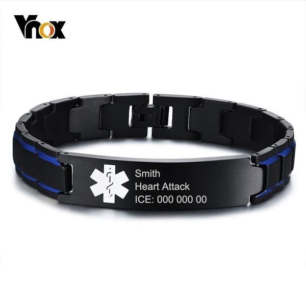 Pulseras Vnox con grabado gratuito, pulseras de identificación de alerta médica de 12mm para hombres, pulsera masculina de acero inoxidable tipo 1, warfarina para Diabetes