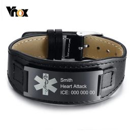 Bracelets VNOX Nombre de grabado gratuito Enfermedad Ice Info Medical Alerta ID de alerta de cuero Real para hombres 6.69 "8.66" Longitud ajustable
