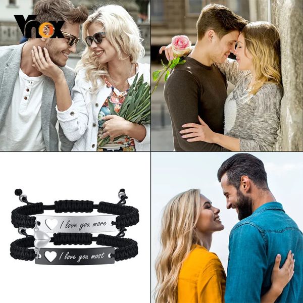 Bracelets Vnox Bracelets personnalisés gravés pour lui et ses couples pour femmes et hommes, poignet en chaîne en corde noire tressée à la main, longueur réglable