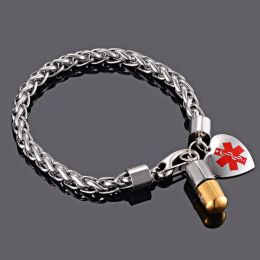 Bracelets étanche personnalisé alerte d'identification médicale hommes étiquettes d'identification en acier inoxydable Bracelet porte-cylindre de pilule TYPE 1 maladie du diabète