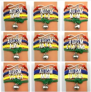 Bracelets al por mayor 10pcs Conciencia de autismo Familia Papá Hermana Tía Mom Abuela Nana Mum Charm Multilapa Bracelets Bangles for Man Woman