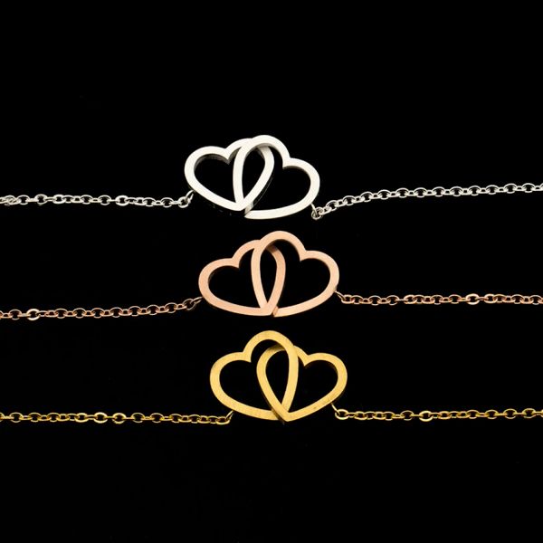 Pulseras al por mayor 10 Uds. Pulsera de doble corazón con dijes para mujer, joyería de boda, pulsera ajustable de acero inoxidable de Color rosa para parejas