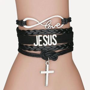 Pulseras Venta al por mayor 20 unids/lote pulseras de cuero con dije de cruz religiosa para mujeres hombres Jesús cadenas de cuerda trenzadas brazalete joyería de moda
