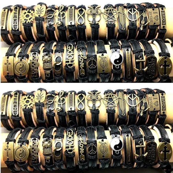 Bracelets En gros 30 pièces manchette en cuir bracelets hommes femmes unisexe en alliage de cuivre décoration mélange styles vintage mode bijoux faits à la main