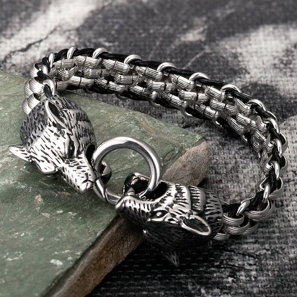 Bracelets tête de loup Bracelets hommes chaîne en acier inoxydable charme cuir Punk Biker bijoux Rock Viking bracelet accessoires de mode cadeaux