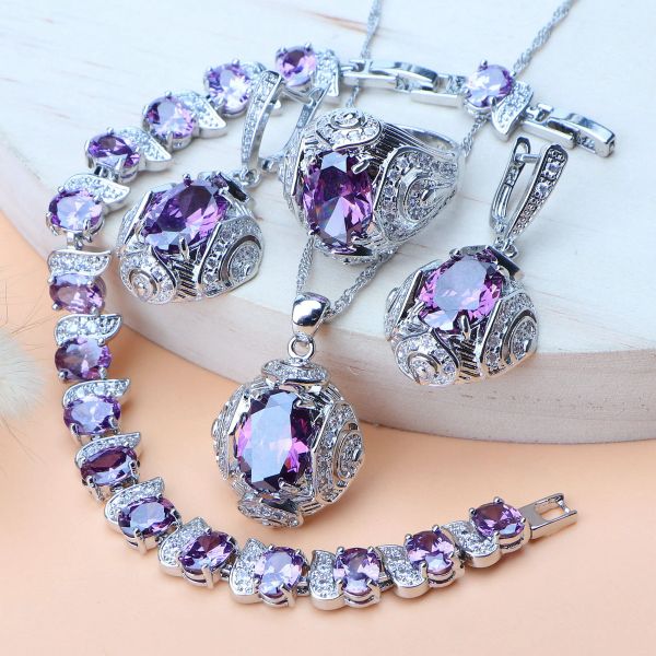 Pulseras Juegos de joyería para mujeres 925 Joyas de boda de plata Damas Bridal Purple Cirón Pendientes Pulseras de piedra Anillos de colgante