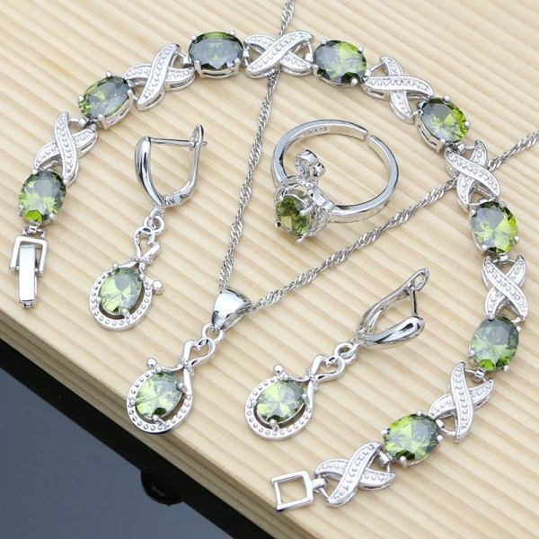 Bracelets femmes ensembles de bijoux sterling topaze vert olive longues boucles d'oreilles bracelet collier ensembles cadeau de fête d'anniversaire de mariage pour elle